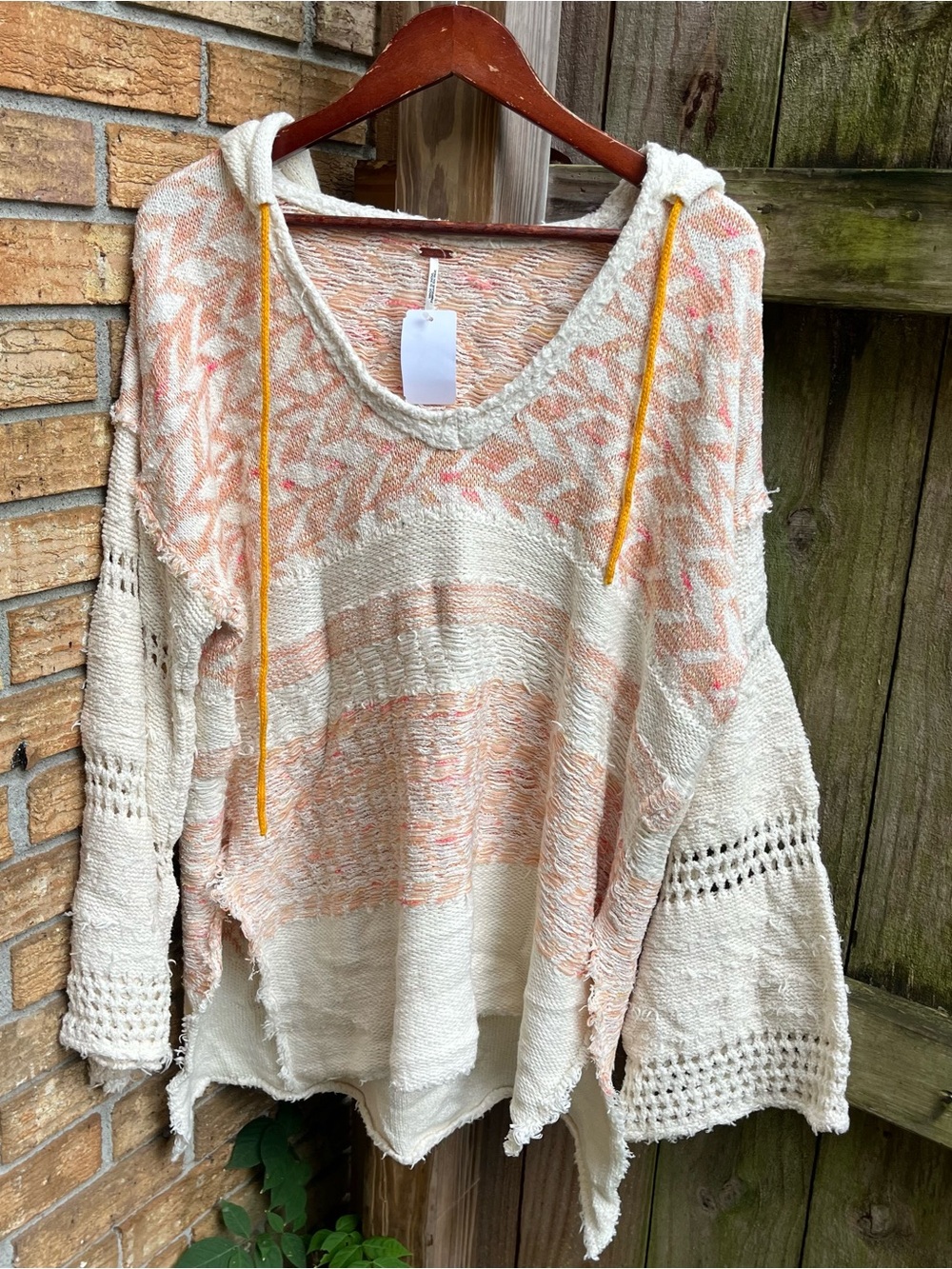 Free People Cream and Peach Endless Summer Coastline Hooded V-Neck Sweater